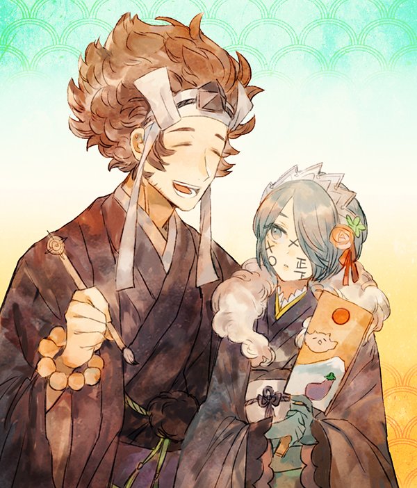 1boy 1girl asama_(fire_emblem_if) blue_hair brown_hair calligraphy_brush fire_emblem fire_emblem_if fur_collar holding holding_brush paintbrush setsuna_(fire_emblem_if) shourou_kanna smile spiky_hair