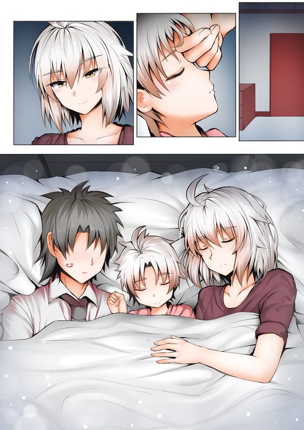 1boy 2girls closed_eyes comic eyebrows_visible_through_hair faceless faceless_male family fate/grand_order fate_(series) father_and_daughter fujimaru_ritsuka_(male) ginhaha husband_and_wife jeanne_d'arc_(alter)_(fate) jeanne_d'arc_(fate)_(all) lipstick_mark mother_and_daughter multiple_boys multiple_girls shared_blanket short_hair silent_comic silver_hair sleeping yellow_eyes