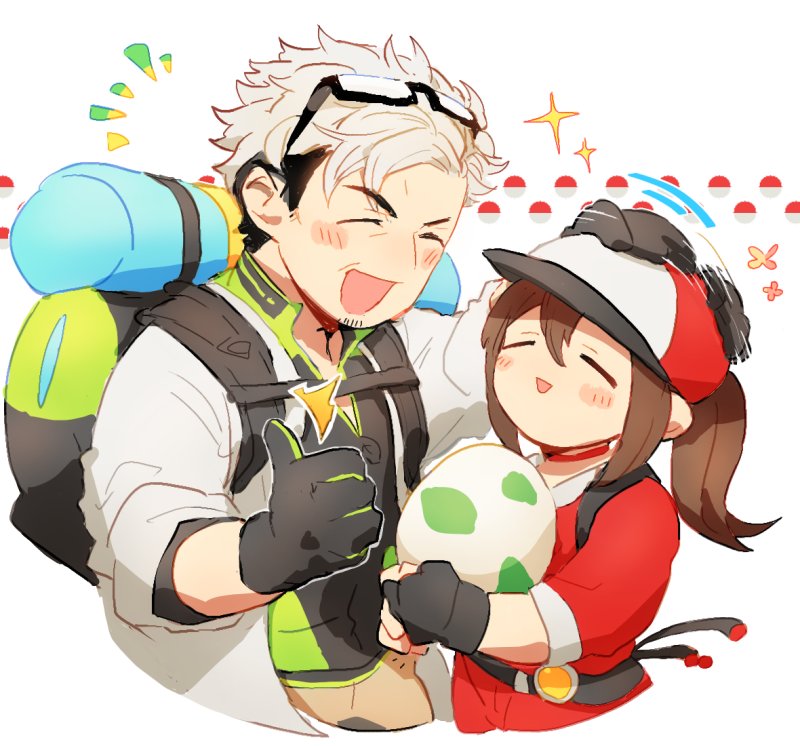 1girl =_= backpack bag baseball_cap beard black_gloves brown_hair chibi egg eyewear_on_head facial_hair female_protagonist_(pokemon_go) glasses gloves grey_hair hat labcoat long_hair omochi_shogun petting pokemon pokemon_go ponytail smile thumbs_up willow_(pokemon)