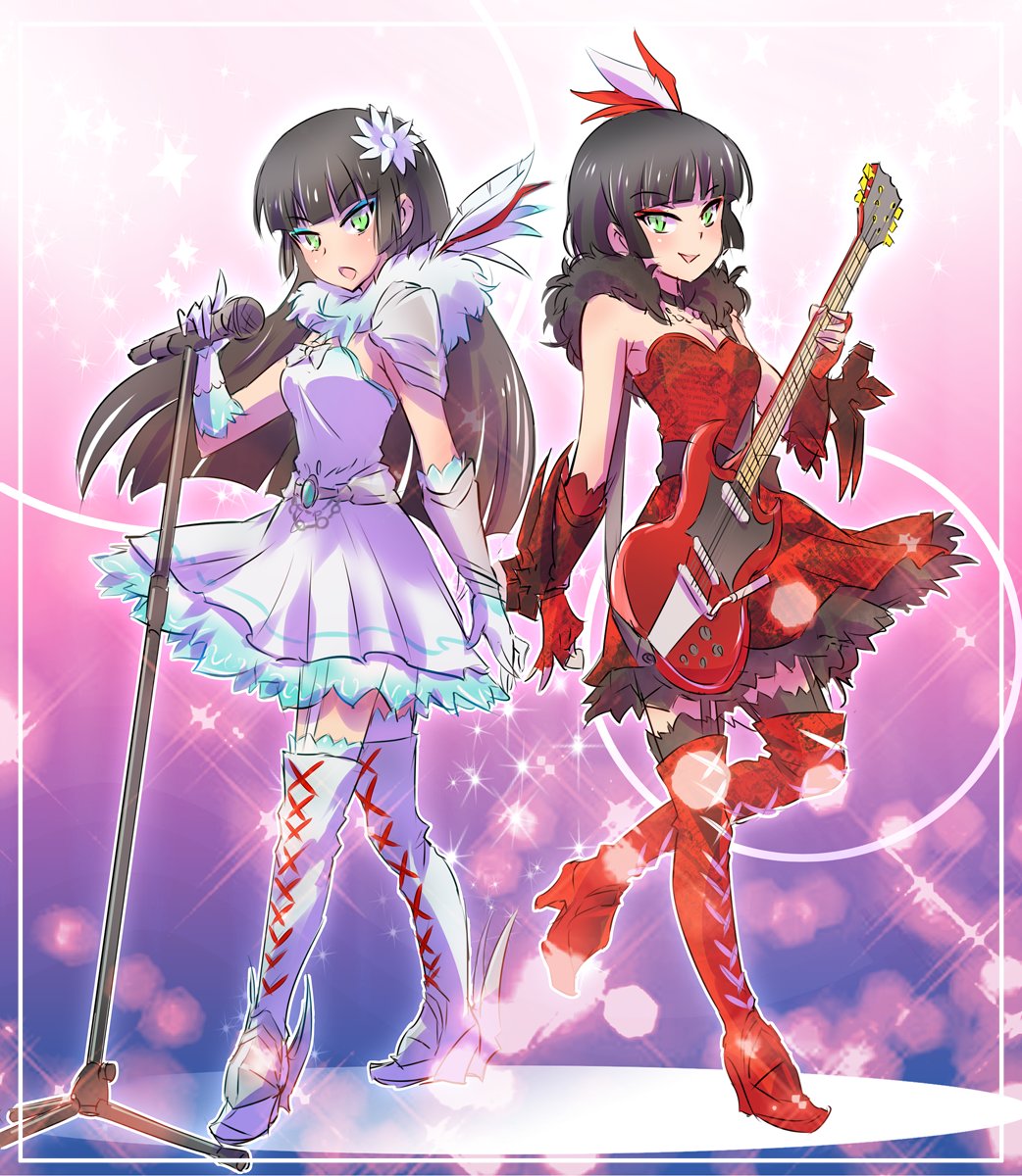 black_hair boots breasts cleavage commentary_request feathers flower garter_straps green_eyes guitar hair_feathers hair_flower hair_ornament high_heel_boots high_heels highres iesupa instrument melanie_malachite microphone microphone_stand miltiades_malachite music rwby siblings singing sisters sparkle twins