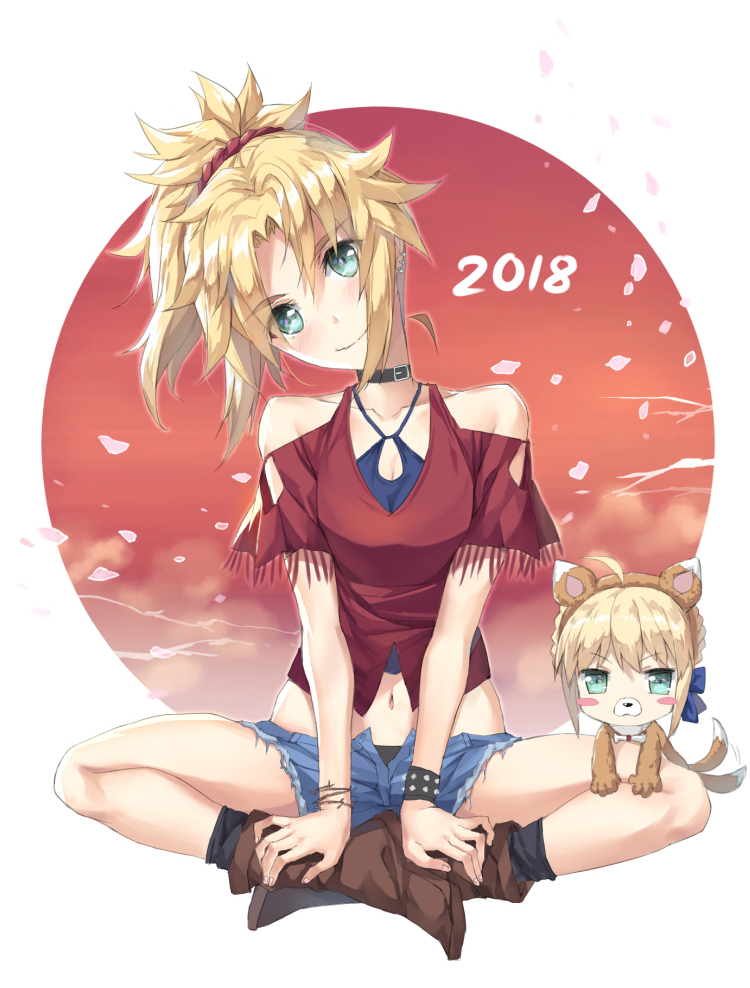 2018 2girls afterimage ahoge animal_costume ankle_boots artoria_pendragon_(all) bangs bare_shoulders black_legwear black_panties blonde_hair blush_stickers boots bracelet breasts brown_footwear buckle cleavage closed_mouth collar collarbone dog_costume earrings fate/grand_order fate_(series) fringe full_body green_eyes hair_ornament hair_scrunchie head_tilt indian_style jewelry looking_at_viewer medium_breasts minigirl mordred_(fate) mordred_(fate)_(all) motion_lines multiple_girls navel open_fly panties panty_peek parted_bangs petals ponytail red_shirt saber scrunchie shirt short_sleeves shoulder_cutout sitting smile socks spiked_bracelet spikes tail_wagging tonee underwear