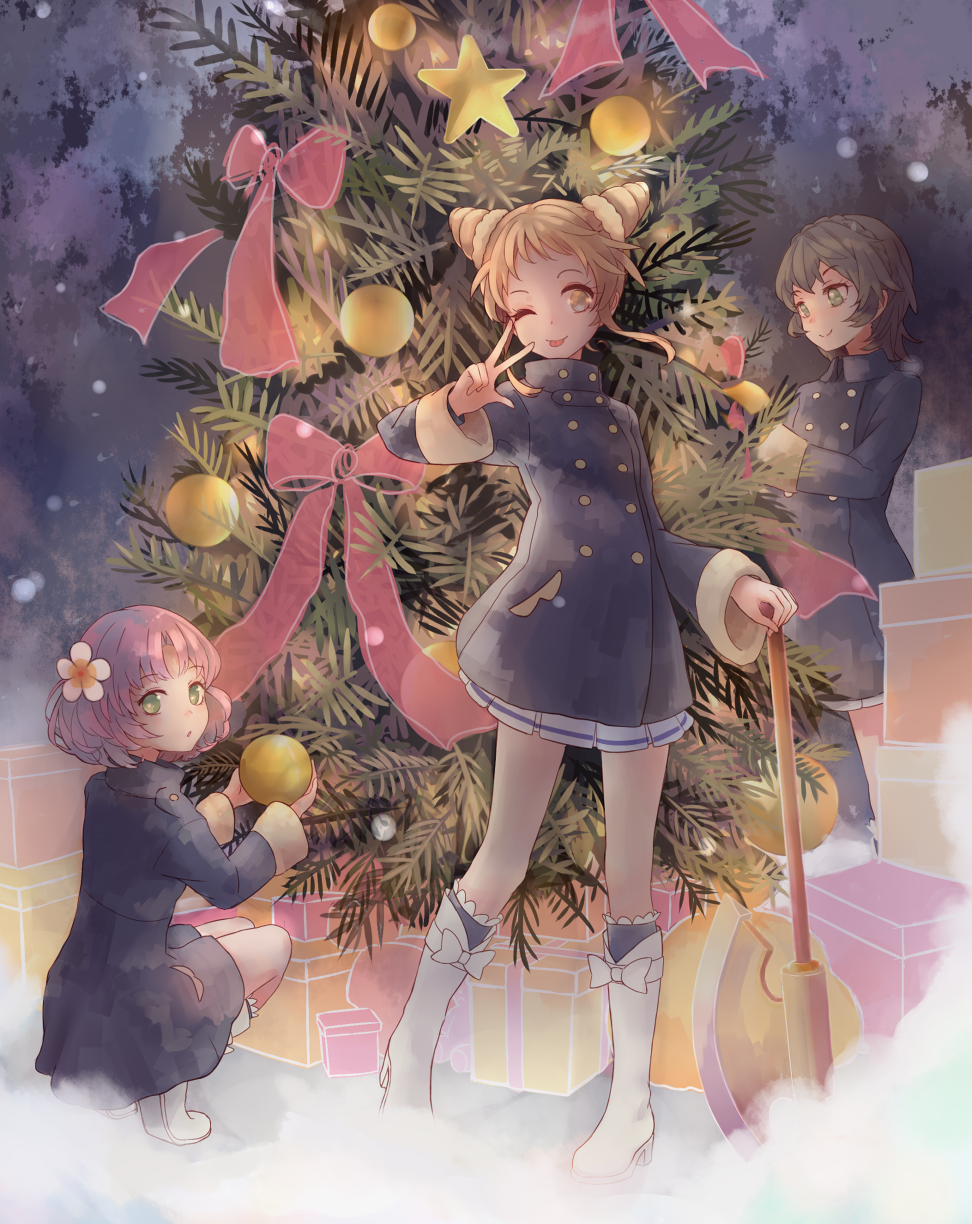 3girls :o ;p aikatsu! arisugawa_otome axe blush boots box braid brown_eyes brown_hair christmas christmas_ornaments christmas_tree coat commentary crown_braid double_bun drill_hair eyebrows_visible_through_hair flower fog gift gift_box green_eyes hair_flower hair_ornament high_heel_boots high_heels highres kamiya_shion kitaouji_sakura kneeling maru_(ninetresures) multiple_girls one_eye_closed open_mouth orange_hair pine_tree pink_hair ribbon school_uniform short_hair skirt smile star starlight_academy_uniform tongue tongue_out tree twin_drills v winter_clothes winter_coat winter_uniform