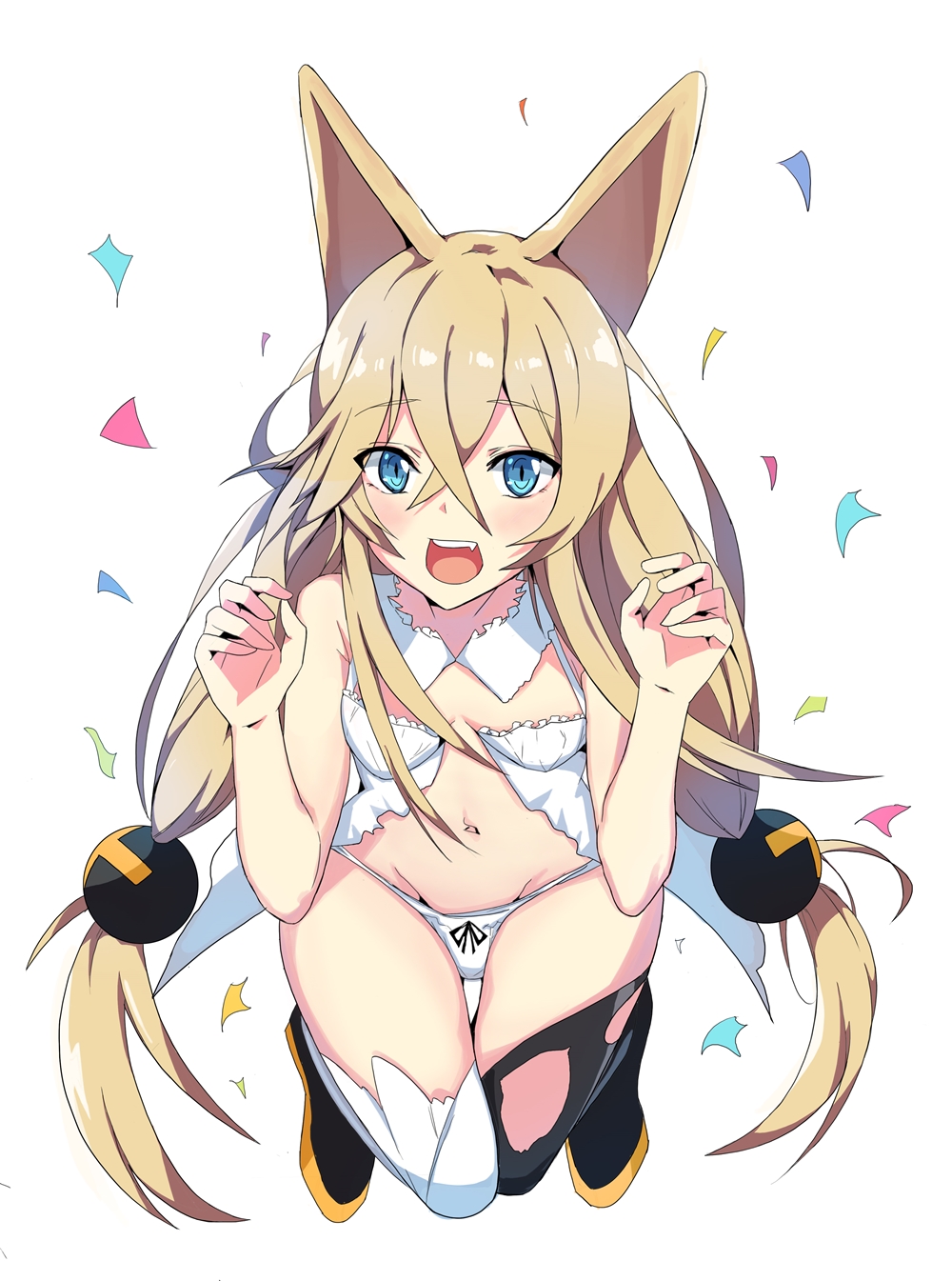 1girl animal_ears armpit_peek arms_up asymmetrical_legwear bangs black_legwear blonde_hair blue_eyes blush bow bow_panties breasts claw_pose cleavage collarbone confetti crossed_bangs eyebrows_visible_through_hair eyes_visible_through_hair fang fox_ears from_above g41_(girls_frontline) girls_frontline hair_between_eyes hair_ornament hair_over_shoulder heterochromia highres jumping long_hair looking_at_viewer low_twintails navel open_mouth panties red_eyes sidelocks simple_background small_breasts smile solo thigh-highs thighs twintails underwear ururu very_long_hair white_background white_legwear white_panties