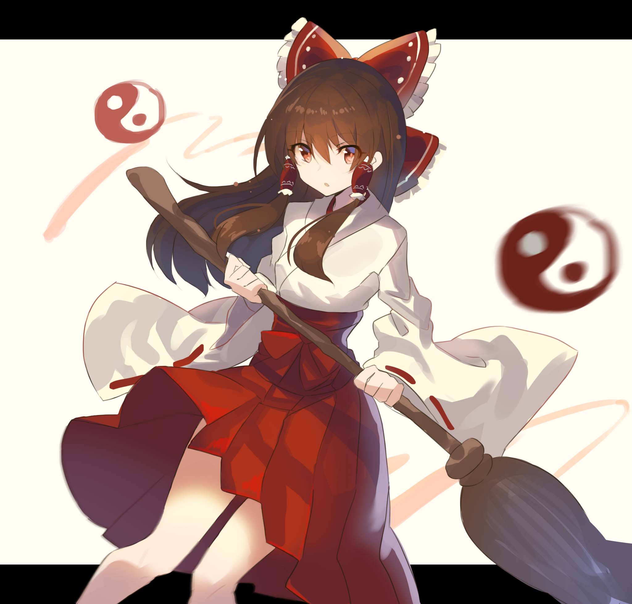 1girl bangs bow broom brown_eyes brown_hair commentary_request cowboy_shot eyebrows_visible_through_hair hair_bow hakurei_reimu highres holding holding_broom letterboxed long_hair long_sleeves looking_at_viewer red_bow red_skirt ribbon-trimmed_sleeves ribbon_trim rin_falcon sidelocks skirt solo touhou wide_sleeves yin_yang