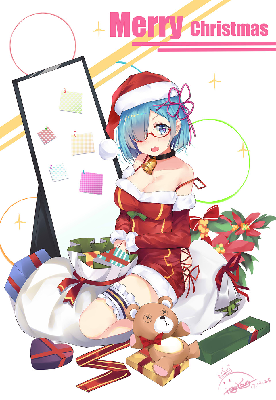 1girl artist_name bare_shoulders blue_eyes blue_hair blush box breasts christmas cleavage dated detached_sleeves dress full_body fur_trim gift gift_bag gift_box glasses hair_ornament hair_over_one_eye hair_ribbon hat highres large_breasts leg_garter long_sleeves looking_at_viewer merry_christmas nose_blush open_mouth peng_yong purple_ribbon re:zero_kara_hajimeru_isekai_seikatsu red-framed_eyewear red_dress rem_(re:zero) ribbon santa_hat seiza short_dress short_hair sitting solo stuffed_animal stuffed_toy teddy_bear under-rim_eyewear x_hair_ornament