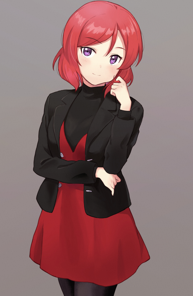 1girl bangs black_jacket black_legwear blush brown_background casual cowboy_shot dress eyebrows_visible_through_hair head_tilt jacket long_sleeves love_live! love_live!_school_idol_project nishikino_maki open_clothes open_jacket pantyhose red_dress redhead shibasaki_shouji shiny shiny_hair short_hair simple_background solo standing swept_bangs unbuttoned violet_eyes