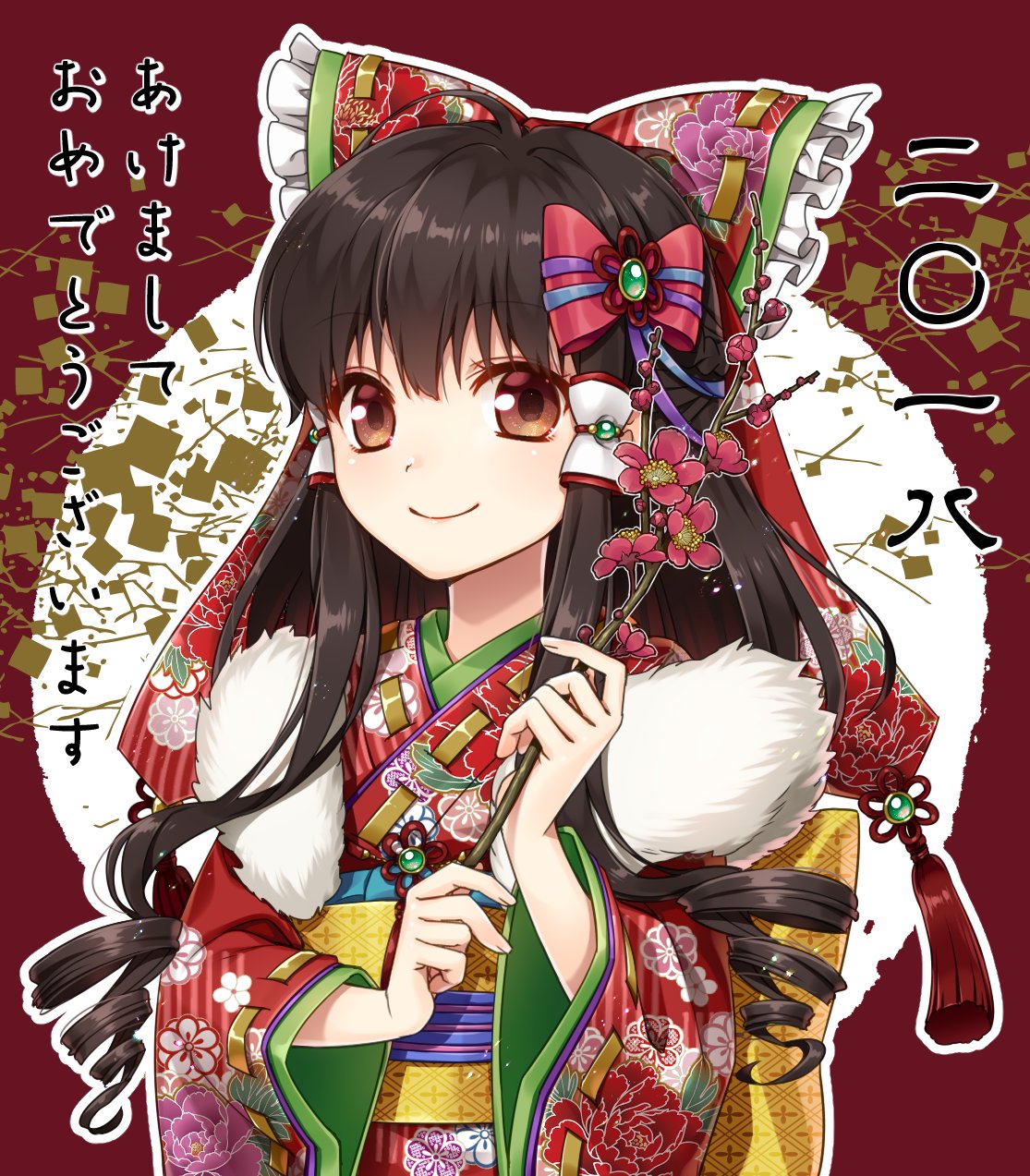 1girl alternate_costume black_hair bow brown_eyes commentary_request floral_print flower hair_bow hair_tubes hakurei_reimu highres holding holding_flower japanese_clothes kimono kuronohana long_hair long_sleeves looking_at_viewer obi sash sidelocks smile solo touhou translated upper_body wide_sleeves