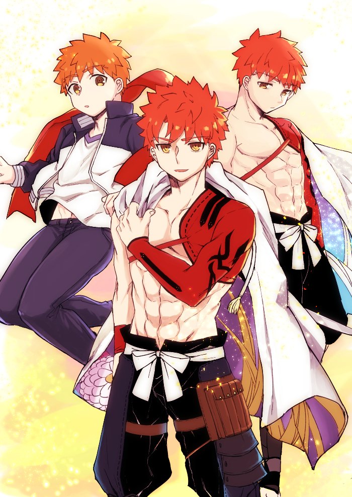 3boys emiya_shirou fate/grand_order fate/stay_night fate_(series) igote japanese_clothes limited/zero_over male_focus multiple_boys multiple_persona orange_hair yellow_eyes