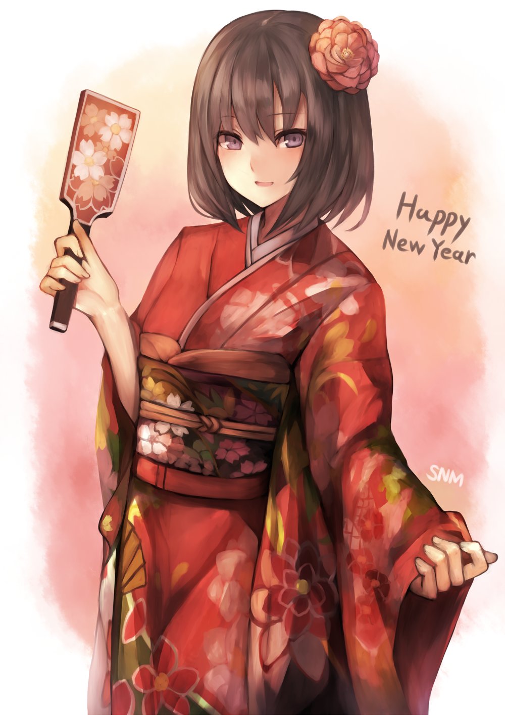 1girl bangs brown_hair commentary_request english eyebrows_visible_through_hair fingernails floral_print flower hagoita hair_between_eyes hair_flower hair_ornament happy_new_year highres holding inaba_sunimi japanese_clothes kimono long_sleeves new_year obi original paddle red_flower red_kimono sash short_hair signature smile solo upper_body violet_eyes wide_sleeves