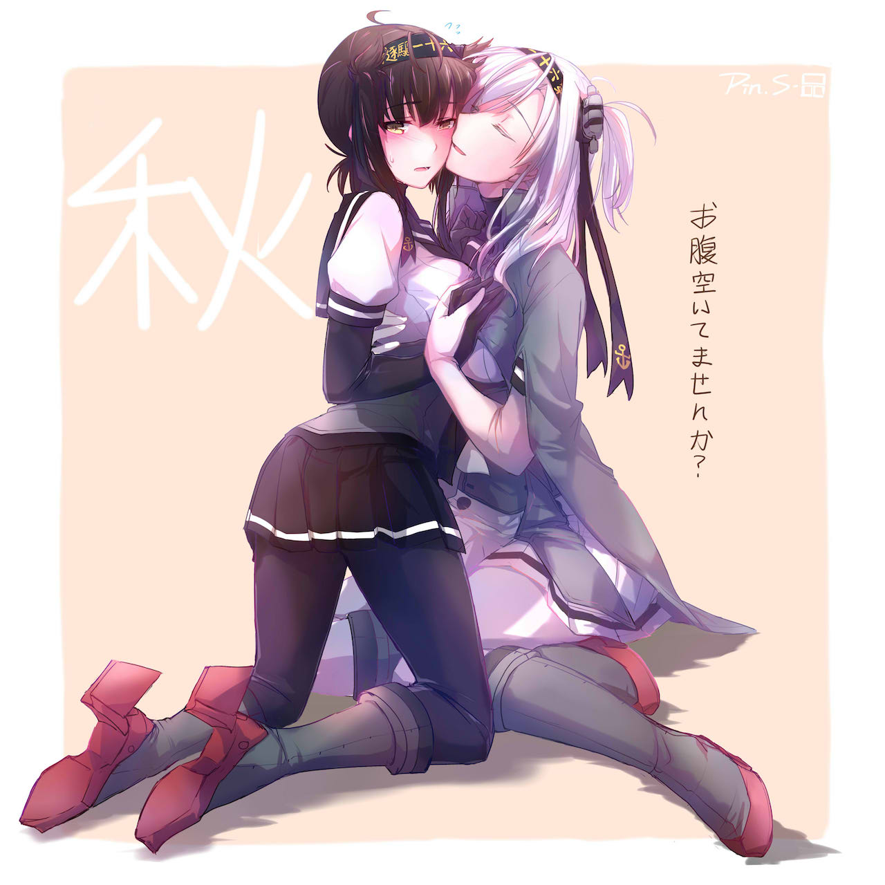 2girls ahoge anchor_symbol bangs black_gloves black_hairband black_legwear black_sailor_collar black_skirt blush boots breasts brown_eyes brown_hair cheek-to-cheek closed_eyes clothes_writing corset elbow_gloves flying_sweatdrops full_body gloves grey_footwear grey_jacket hair_flaps hairband hand_on_another's_chest hatsuzuki_(kantai_collection) highres jacket jacket_on_shoulders kantai_collection knee_boots kneeling looking_at_viewer looking_back medium_breasts miniskirt multiple_girls nose_blush one_side_up open_clothes open_jacket orange_background pantyhose parted_lips pin.s pleated_skirt puffy_short_sleeves puffy_sleeves short_sleeves silver_hair simple_background sitting skirt suzutsuki_(kantai_collection) sweat translation_request white_gloves white_legwear white_skirt yokozuwari yuri