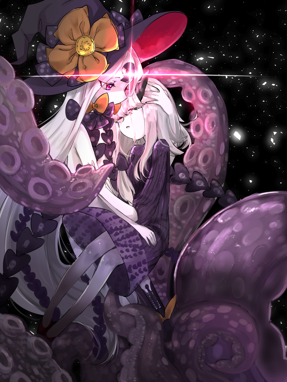 2girls abigail_williams_(fate/grand_order) bangs black_bow black_dress black_hat black_legwear bow closed_eyes closed_mouth commentary_request crying dress fate/grand_order fate_(series) glowing hand_on_another's_head hat hetchhog_tw highres horn kneehighs lavinia_whateley_(fate/grand_order) long_hair multiple_girls orange_bow pale_skin parted_bangs polka_dot polka_dot_bow profile red_footwear revealing_clothes shoes suction_cups tears tentacle very_long_hair white_hair witch_hat