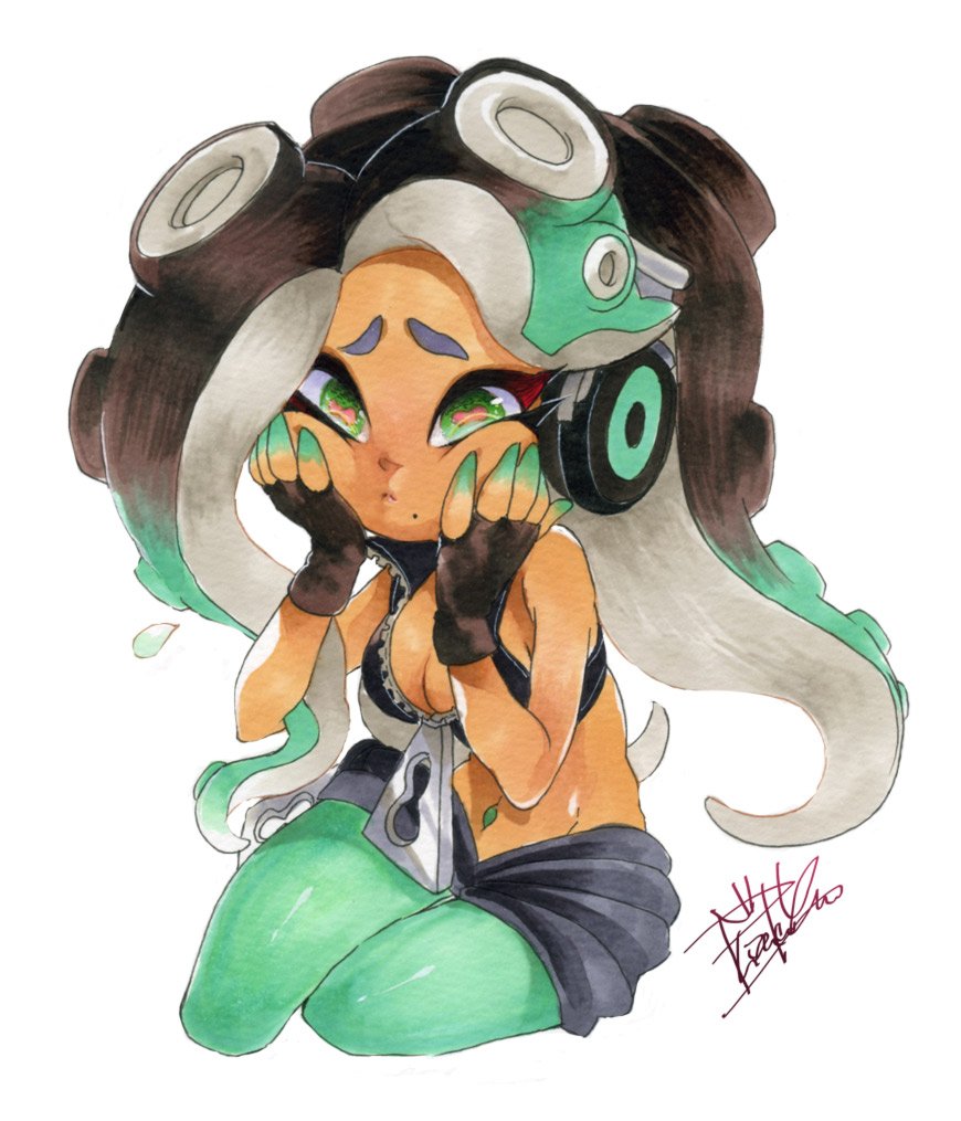 1girl bare_arms bare_shoulders black_hair breasts cephalopod_eyes cleavage cowboy_shot crop_top cropped_vest dark_skin fingerless_gloves gloves green_eyes green_hair green_legwear green_skin hands_on_own_cheeks hands_on_own_face hands_up headphones iida_(splatoon) isamu-ki_(yuuki) long_hair looking_to_the_side marker_(medium) midriff mole mole_under_mouth multicolored multicolored_hair multicolored_skin navel navel_piercing octarian pantyhose pantyhose_under_shorts piercing pink_pupils shorts signature simple_background sitting solo splatoon splatoon_2 stomach suction_cups tentacle_hair traditional_media unzipped vest white_background zipper zipper_pull_tab