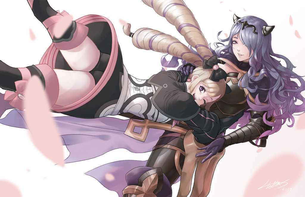 2girls armor artist_request ass black_armor blonde_hair breasts camilla_(fire_emblem_if) cleavage drill_hair elise_(fire_emblem_if) fire_emblem fire_emblem_if groin hair_over_one_eye hug lips long_hair multiple_girls panties purple_hair siblings sisters smile twin_drills twintails underwear very_long_hair violet_eyes wavy_hair