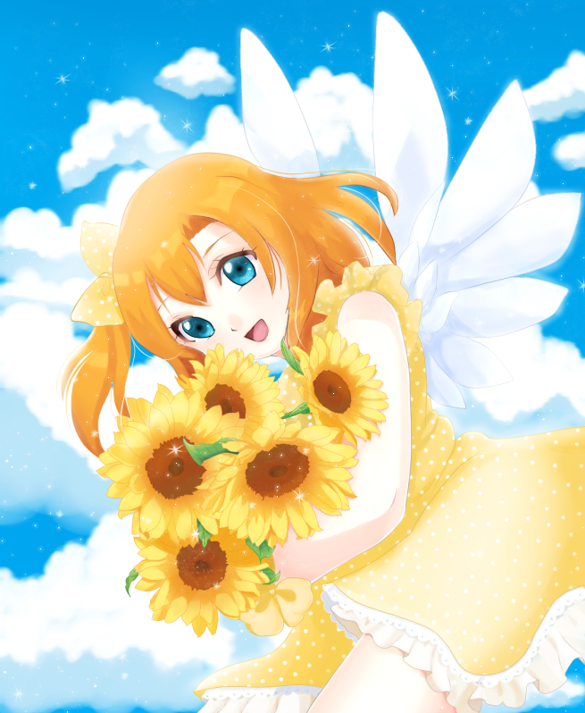 1girl angel angel_wings argentinaaph blue_eyes clouds day deviantart flower kousaka_honoka love_live! love_live!_school_idol_project open_mouth orange_hair polka_dot ribbon sky solo sunflower wings yellow_dress