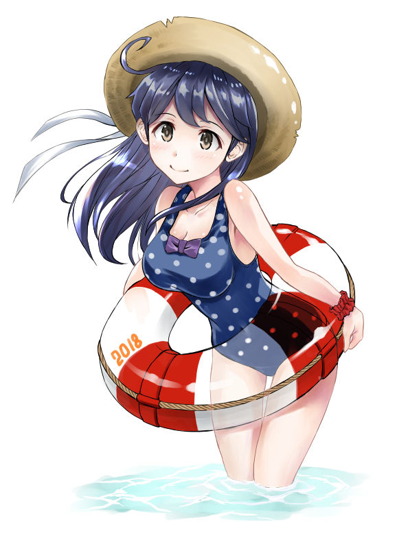 1girl 2018 ahoge akito_(pixiv3623507) bare_shoulders black_hair blue_swimsuit blush breasts brown_eyes date hat innertube kantai_collection leaning_forward long_hair looking_at_viewer medium_breasts one-piece_swimsuit polka_dot polka_dot_swimsuit smile solo straw_hat swimsuit ushio_(kantai_collection) water