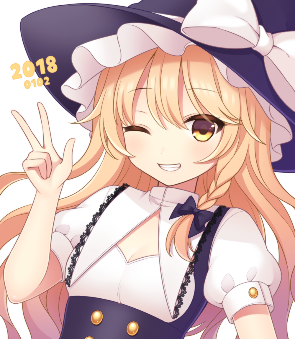 1girl black_bow black_hat blonde_hair blush bow braid breasts cleavage dated eyebrows_visible_through_hair hair_bow hat hat_bow hat_ribbon kirisame_marisa long_hair looking_at_viewer medium_breasts one_eye_closed parted_lips puffy_short_sleeves puffy_sleeves ribbon short_sleeves smile solo teeth touhou upper_body v white_bow white_ribbon witch_hat yamayu yellow_eyes