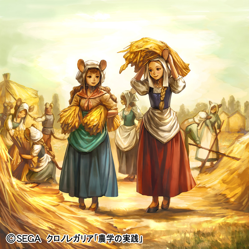 3boys 6+girls animal_ears apron blonde_hair blue_skirt blue_sky braid brown_eyes brown_footwear brown_hair building carrying_overhead carrying_under_arm chrono_regalia clouds day faceless faceless_female faceless_male hat haystack kageco long_skirt looking_at_another mouse_ears mouse_tail multiple_boys multiple_girls official_art outdoors pitchfork puffy_short_sleeves puffy_sleeves red_skirt short_sleeves skirt skirt_hold sky standing tail twin_braids white_hat