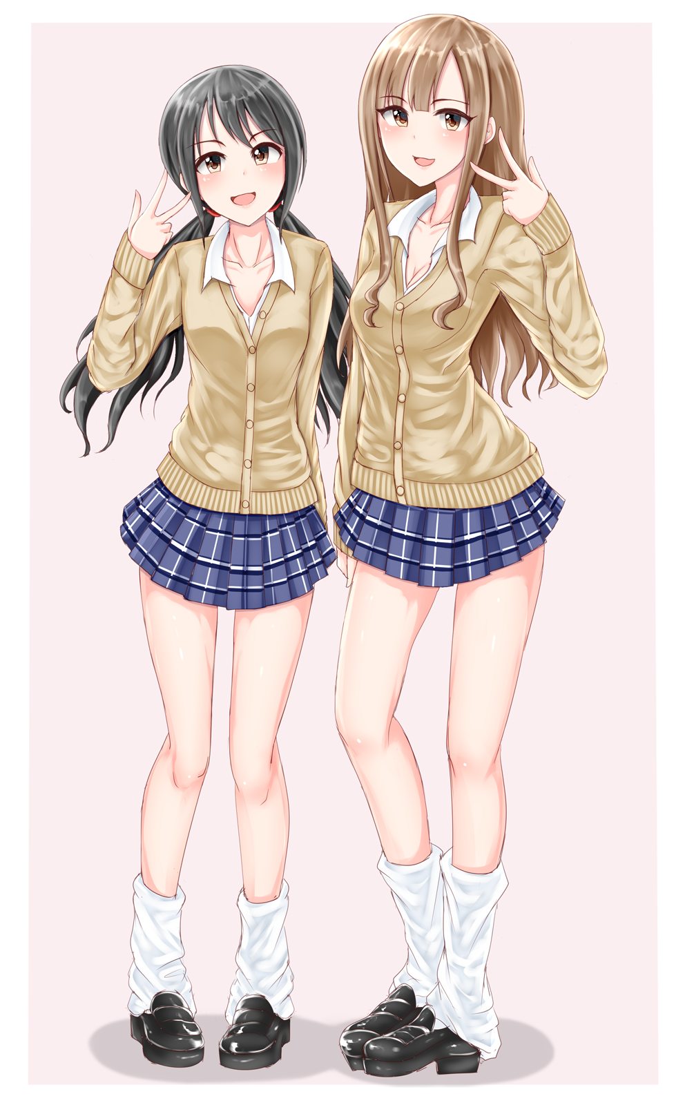 2girls :d arm_at_side bangs black_footwear blue_skirt blush breasts brown_eyes brown_hair brown_jacket buttons cleavage collarbone collared_shirt dress full_body hair_tie hand_up highres idolmaster idolmaster_cinderella_girls jacket leg_warmers legs_apart loafers long_hair long_sleeves looking_at_viewer low_twintails mizumoto_yukari multiple_girls nakano_yuka open_mouth pink_background plaid plaid_skirt pleated_skirt shirt shirushiru_(saitou888) shoes short_dress simple_background skirt small_breasts smile standing tareme thighs twintails v wing_collar