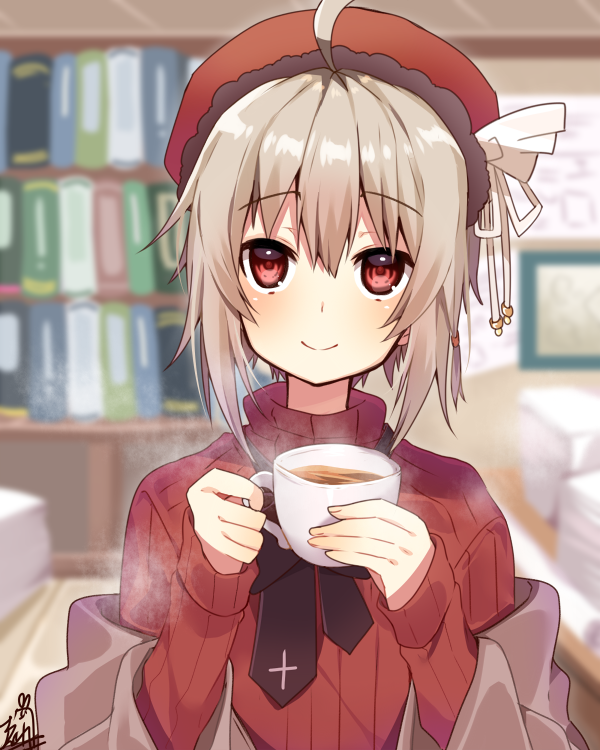 1girl ahoge bangs beret blurry blurry_background book bookshelf brown_jacket closed_mouth coffee coffee_cup commentary_request cup depth_of_field eyebrows_visible_through_hair hair_between_eyes hair_ornament hat head_tilt holding holding_cup indoors jacket light_brown_hair long_sleeves looking_at_viewer off_shoulder omuretsu original red_eyes red_hat red_sweater smile solo steam sweater