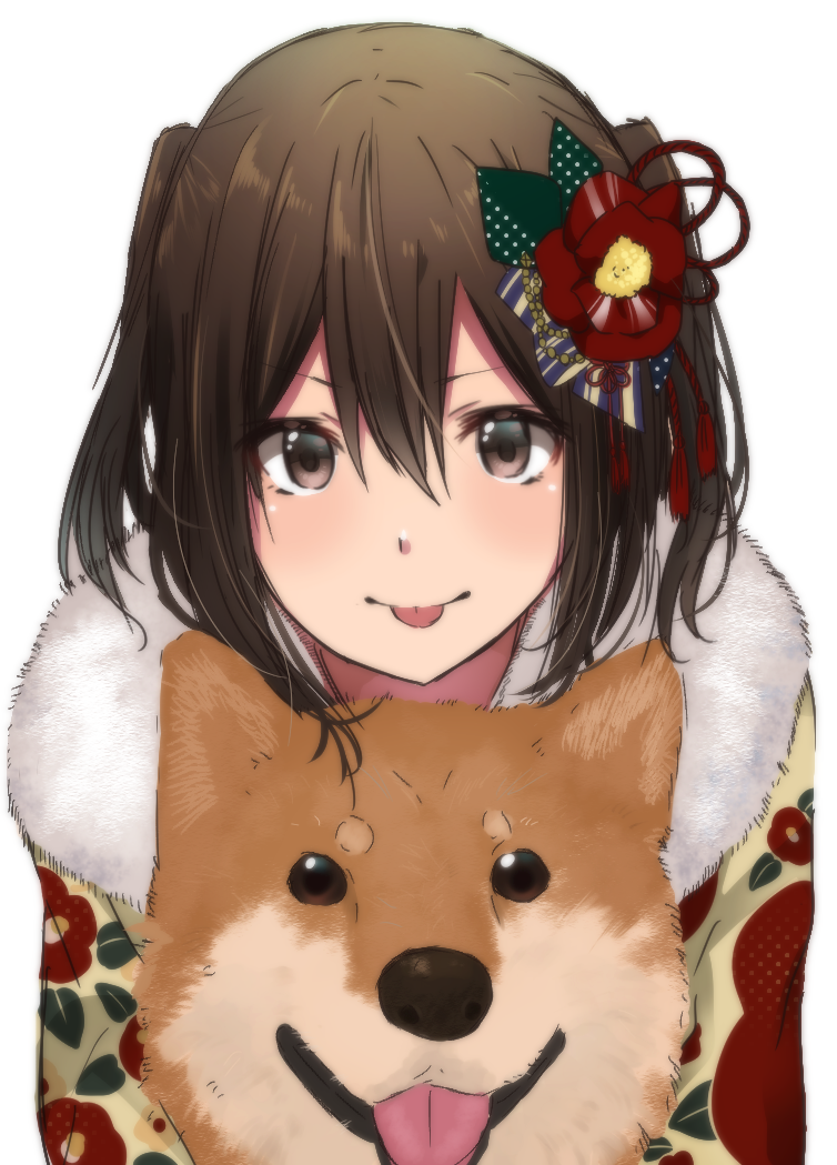 bangs big_eyes blush brown_eyes brown_hair commentary_request dog eyebrows_visible_through_hair fur_collar hair_between_eyes hair_ornament kantai_collection looking_at_viewer multicolored multicolored_clothes open_eyes rinto_(rint_rnt) sendai_(kantai_collection) short_hair tongue tongue_out white_background