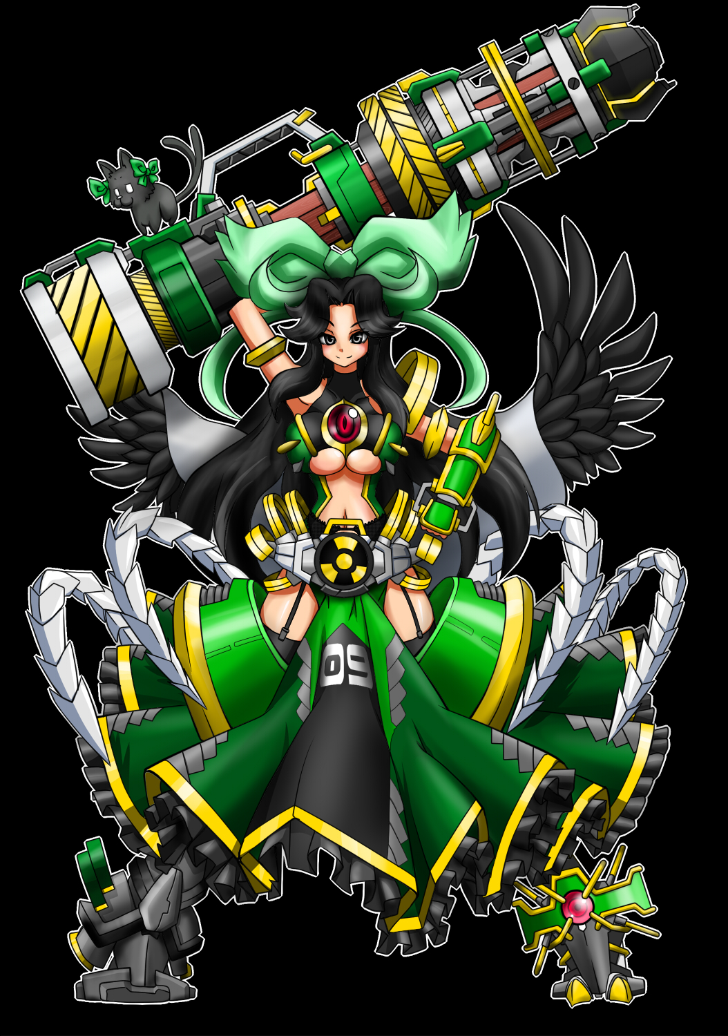 1girl black_hair black_wings chireiden commentary_request graphite_(medium) grey_eyes highres kaenbyou_rin kaenbyou_rin_(cat) mecha_musume mechanical_boots mechanical_pencil pencil reiuji_utsuho solo third_eye touhou traditional_media uwa_(rakko) wings