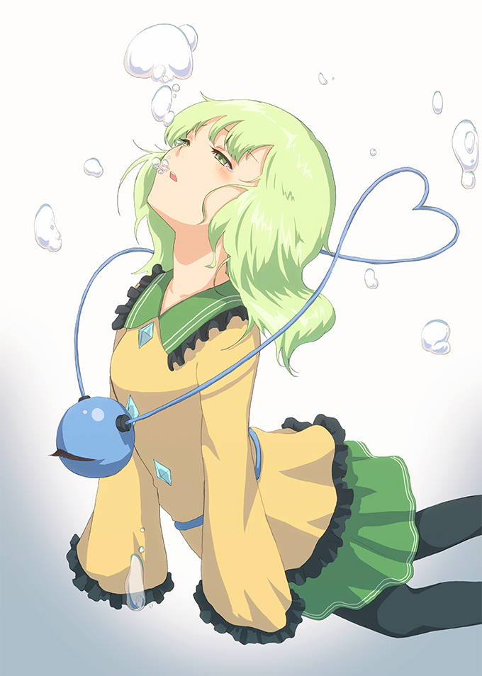 1girl air_bubble breath bubble bubble_blowing eyeball green_eyes green_hair heart heart_of_string komeiji_koishi long_hair no_hat no_headwear nuwara_eliya ribbon skirt solo third_eye touhou underwater wide_sleeves