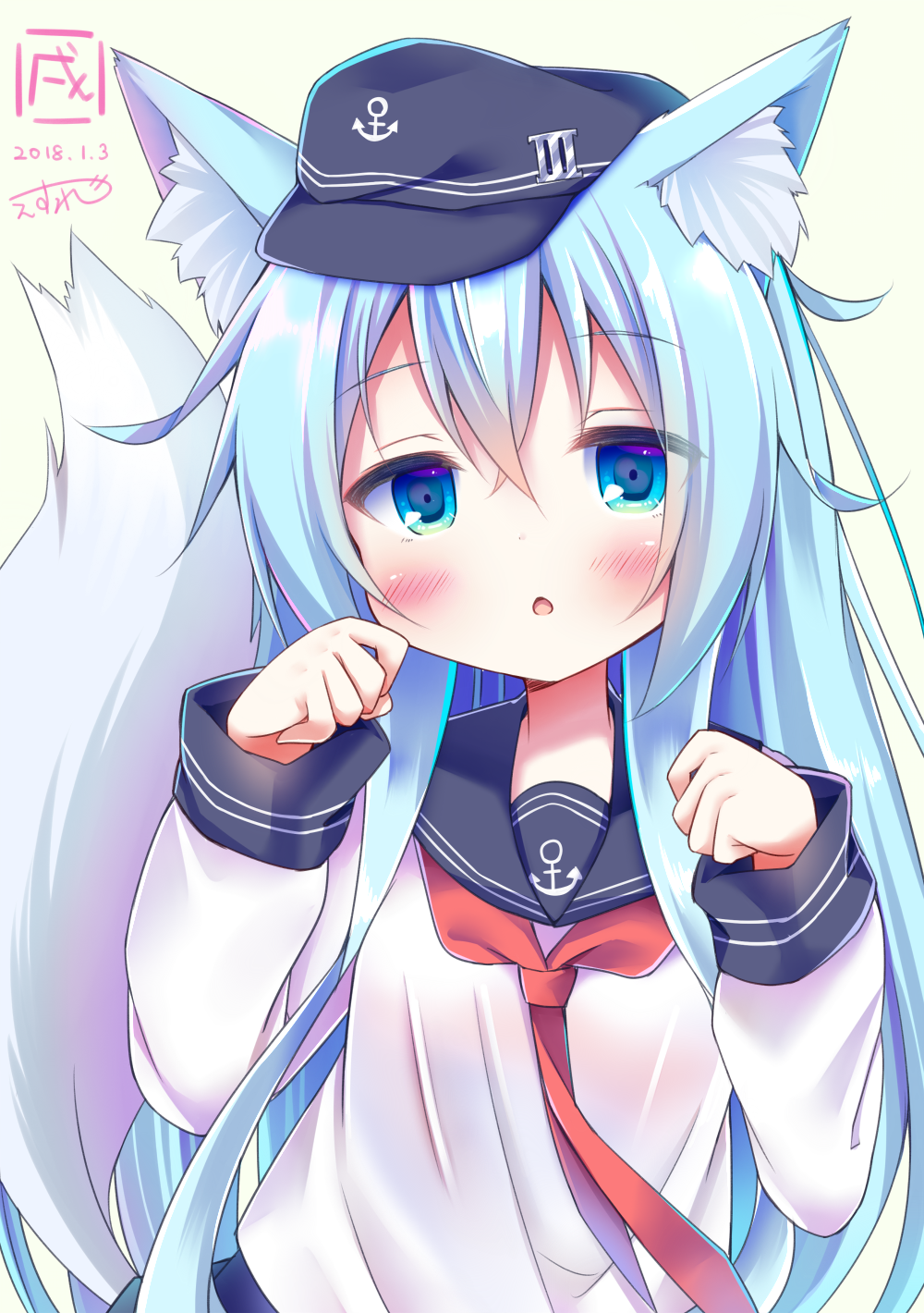 1girl :o anchor_symbol animal_ears bangs black_hat blue_eyes blue_hair blush commentary_request dated esureki eyebrows_visible_through_hair flat_cap hair_between_eyes hands_up hat hibiki_(kantai_collection) highres kantai_collection kemonomimi_mode long_sleeves looking_at_viewer neckerchief parted_lips red_neckwear school_uniform serafuku shirt signature solo tail white_shirt wolf_ears wolf_girl wolf_tail