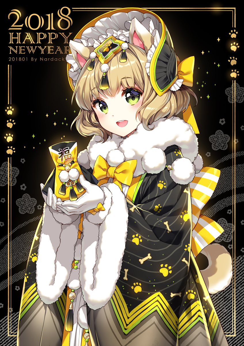 1girl 2018 :d animal_ears artist_name black_hat black_kimono blush bone_print bonnet bow commentary_request dog_ears dog_girl dog_tail fur-trimmed_gloves fur-trimmed_sleeves fur_collar fur_trim gloves green_hair hair_ornament happy_new_year hat head_tilt highres japanese_clothes kimono light_brown_hair long_sleeves looking_at_viewer nardack new_year open_mouth original paw_print print_kimono smile solo sparkle striped striped_bow tail translated white_gloves wide_sleeves year_of_the_dog yellow_bow