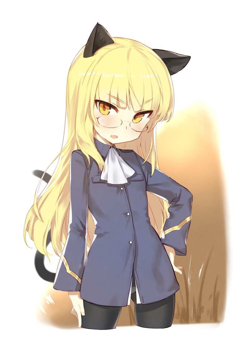 1girl animal_ears black_legwear blonde_hair blush cat_ears cat_tail glasses hand_on_hip kylin long_hair looking_at_viewer open_mouth panties panties_under_pantyhose pantyhose perrine_h_clostermann solo strike_witches tail underwear white_panties world_witches_series yellow_eyes