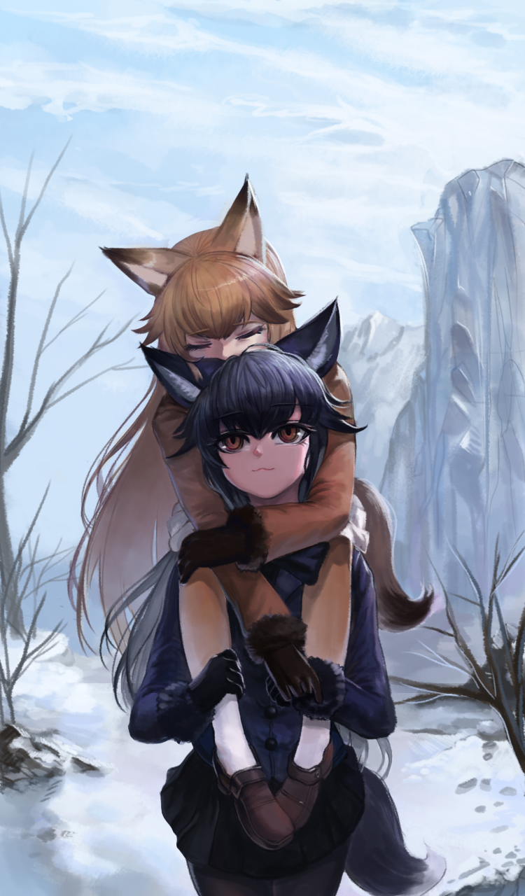 2girls :3 animal_ears bare_tree black_gloves black_hair black_legwear black_skirt brown_eyes brown_gloves brown_hair carrying closed_eyes coat commentary_request dokomon eyebrows_visible_through_hair ezo_red_fox_(kemono_friends) fox_ears fox_tail fur-trimmed_sleeves fur_trim gloves gradient_legwear highres kemono_friends long_hair long_sleeves mountain multiple_girls nature outdoors pantyhose shoes shoulder_carry silver_fox_(kemono_friends) skirt tail tree very_long_hair white_skirt winter