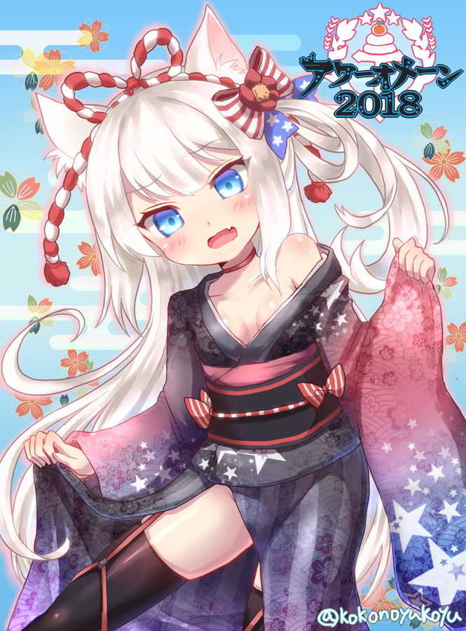 1girl 2018 american_flag american_flag_print animal_ears azur_lane bangs bare_shoulders black_kimono black_legwear blue_eyes blush bow breasts cat_ears collarbone commentary_request copyright_name egasumi eyebrows_visible_through_hair fang flag_print floral_print food fruit garter_straps hair_bow hair_ornament hammann_(azur_lane) japanese_clothes kagami_mochi kimono leaning_to_the_side long_hair long_sleeves mandarin_orange nanopai_kakumeikokonoyu obi off_shoulder one_side_up open_mouth pinching_sleeves print_kimono red_choker sash sidelocks silver_hair small_breasts solo star star_print striped striped_bow thigh-highs vertical-striped_bow very_long_hair wide_sleeves