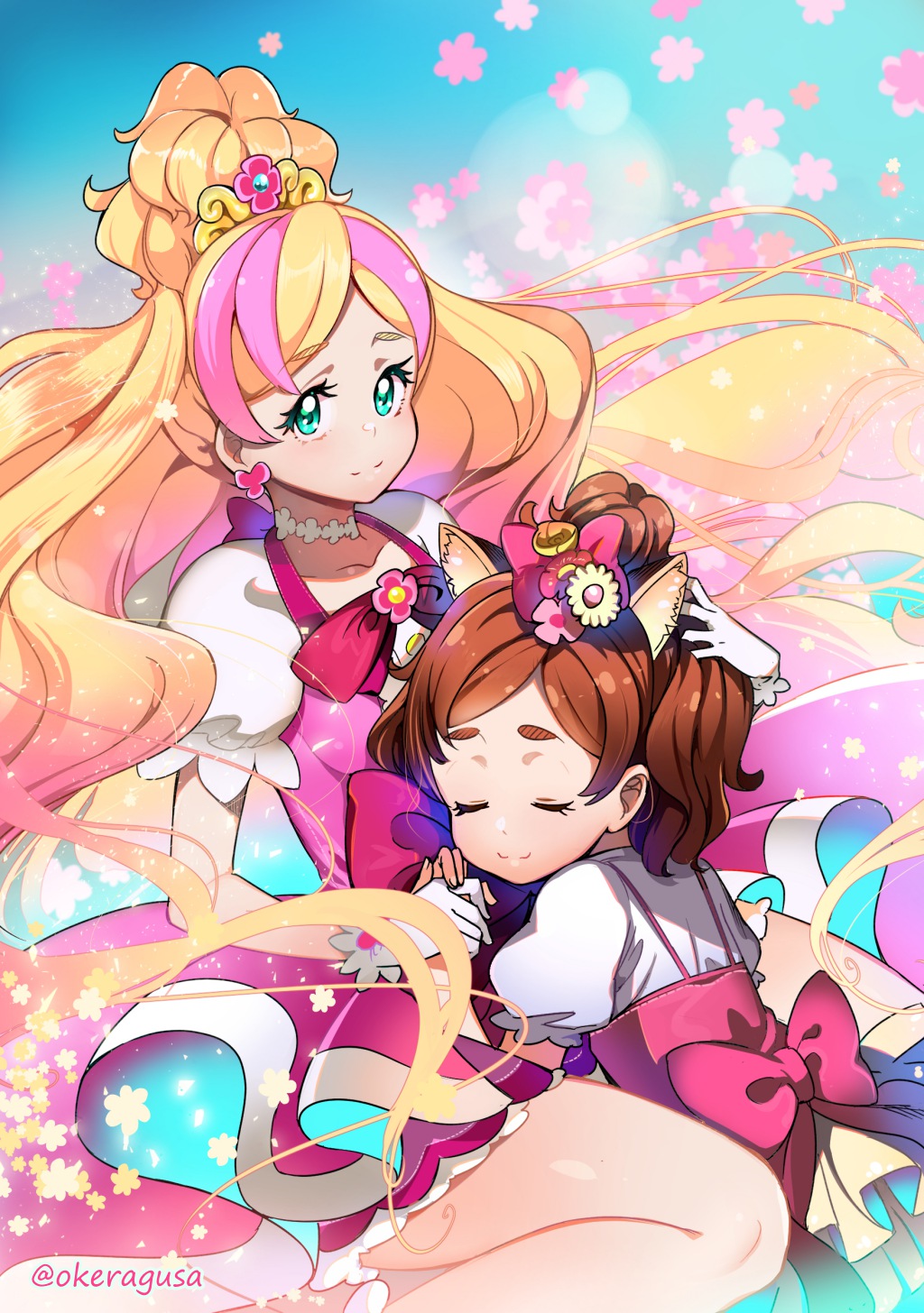 2girls aqua_eyes blonde_hair blouse bow brown_hair closed_eyes closed_mouth cure_flora dual_persona earrings flower flower_earrings flower_necklace gloves go!_princess_precure haruno_haruka highres jewelry long_hair looking_at_viewer magical_girl multicolored_hair multiple_girls necklace pink_bow pink_hair precure rumo short_hair smile streaked_hair thick_eyebrows twitter_username two-tone_hair white_blouse white_gloves younger