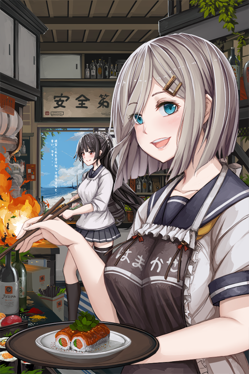 2girls alternate_hairstyle apron asymmetrical_legwear black_hair black_legwear blue_eyes blush bottle breasts collarbone cooking fire food grey_skirt hair_ornament hairclip hamakaze_(kantai_collection) hanata_sekihan indoors isokaze_(kantai_collection) kanji kantai_collection kitchen large_breasts lips long_hair long_sleeves looking_at_viewer multiple_girls open_mouth pleated_skirt ponytail red_eyes school_uniform serafuku short_hair short_sleeves silver_hair skirt sleeves_rolled_up smile striped striped_skirt sushi tied_hair wooden_ceiling