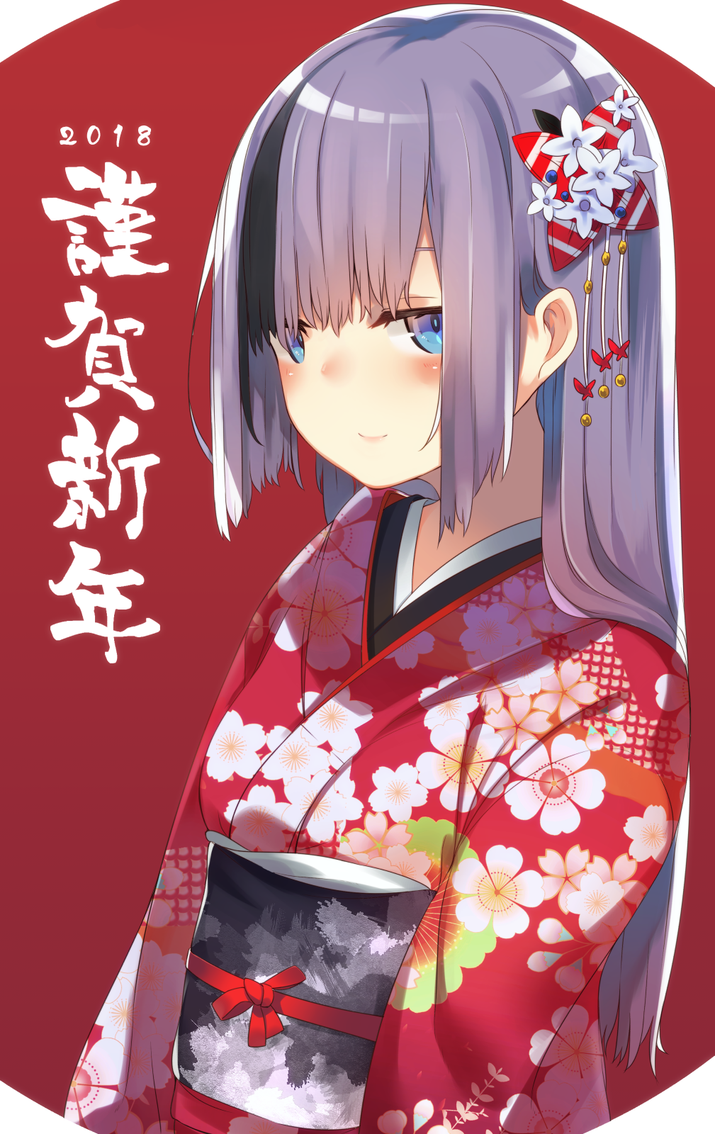 1girl 2018 bangs blue_eyes blush closed_mouth commentary_request floral_print flower furisode hair_flower hair_ornament highres japanese_clothes kimono kinukawa_chinatsu lavender_hair long_hair long_sleeves looking_at_viewer multicolored_hair nengajou new_year obi original red_kimono sash smile solo translated tsunekichi two-tone_hair