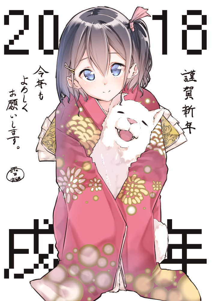 1girl 2018 akeome bangs black_hair blue_eyes blush closed_mouth commentary_request dog eyebrows_visible_through_hair floral_print hair_between_eyes hair_ornament hairclip japanese_clothes kimono kneeling long_sleeves looking_at_viewer new_year one_side_up original short_hair signature sleeves_past_wrists smile solo suzunari_shizuku white_background wide_sleeves year_of_the_dog yuki_arare
