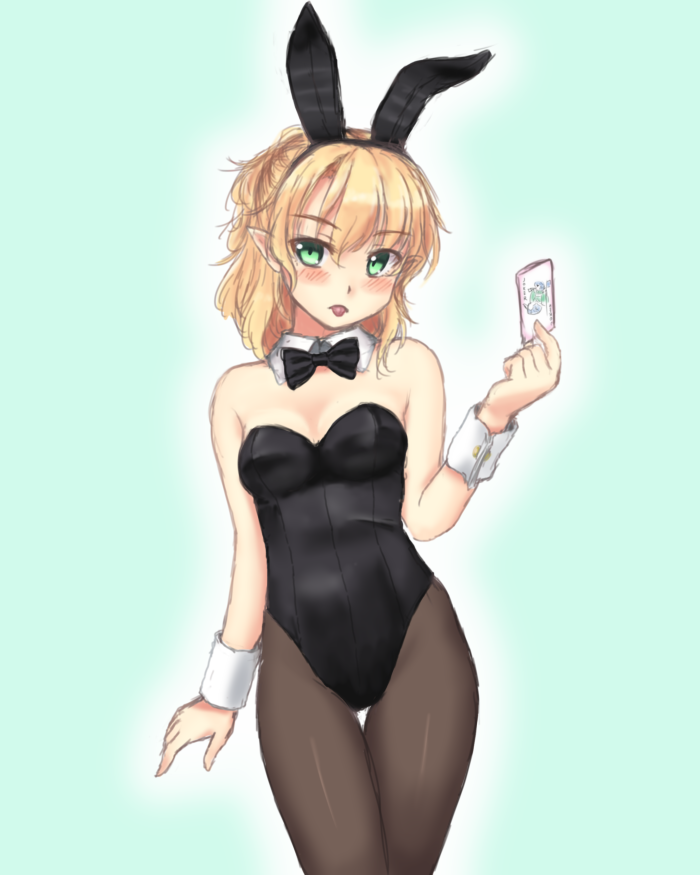 1girl alternate_costume animal_ears arm_at_side bangs bare_shoulders black_bow black_hairband black_legwear black_leotard black_neckwear blonde_hair blue_background blush bow bowtie breasts bunny_girl bunnysuit card cleavage cowboy_shot detached_collar eyebrows_visible_through_hair fake_animal_ears gomi_(gomitin) gradient gradient_background green_eyes hairband holding holding_card leotard looking_at_viewer mizuhashi_parsee pointy_ears rabbit_ears short_hair sketch small_breasts solo standing strapless strapless_leotard thigh_gap touhou wrist_cuffs