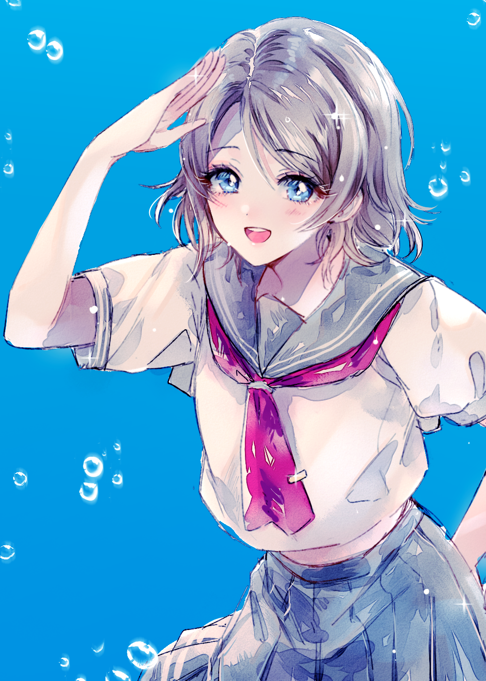 1girl :d ahma bangs blue_background blue_eyes blue_sailor_collar blue_skirt bubble commentary_request eyebrows_visible_through_hair hand_up highres korean_commentary leaning_forward love_live! neckerchief open_mouth pleated_skirt red_neckwear salute school_uniform serafuku shirt short_hair short_sleeves silver_hair skirt smile solo standing upper_body watanabe_you white_shirt