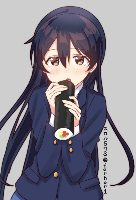 1girl bangs blue_hair blush commentary_request eating food hair_between_eyes holding holding_food long_hair looking_at_viewer love_live! love_live!_school_idol_project makizushi open_mouth otonokizaka_school_uniform school_uniform simple_background skull573 solo sonoda_umi sushi yellow_eyes