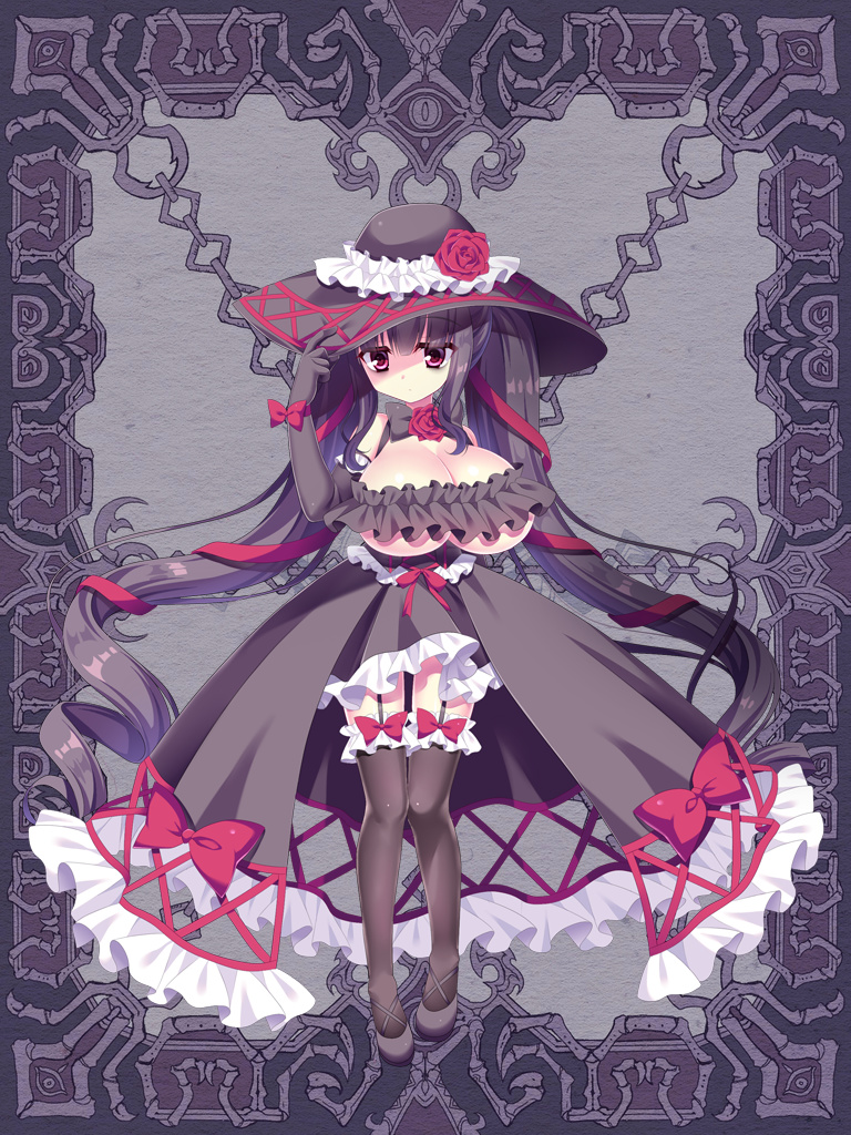 1girl bangs black_bow black_dress black_footwear black_gloves black_hair black_hat black_legwear bow breasts cleavage closed_mouth dress elbow_gloves eyebrows_visible_through_hair flower frilled_legwear frills full_body garter_straps gloves gothic_lolita hair_between_eyes hair_ribbon hat hat_flower kerberos_blade large_breasts lolita_fashion long_hair red_bow red_eyes red_ribbon revealing_clothes ribbon ringlets shoes showgirl_skirt solo standing thigh-highs twintails very_long_hair yuyumatsu