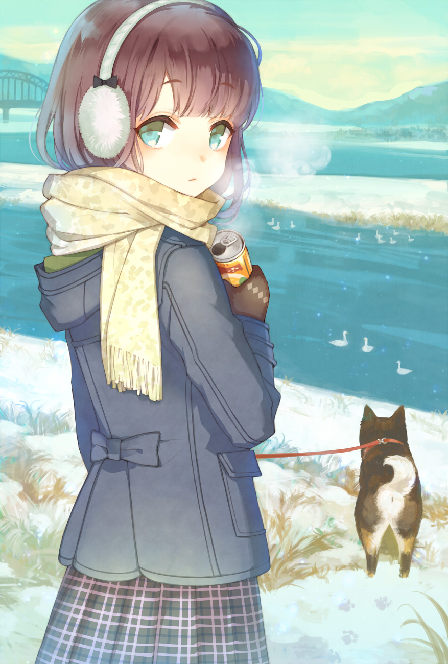 1girl animal anus bangs bird blue_coat blue_eyes blue_sky blunt_bangs blush breath bridge brown_gloves brown_hair can closed_mouth coat cowboy_shot day dog earmuffs eyebrows_visible_through_hair from_behind gloves grey_skirt highres holding kuroyuki long_sleeves looking_at_viewer looking_back original outdoors plaid plaid_skirt pleated_skirt riverbank scarf scenery short_hair skirt sky snow soda_can solo standing tareme winter winter_clothes winter_coat yellow_scarf
