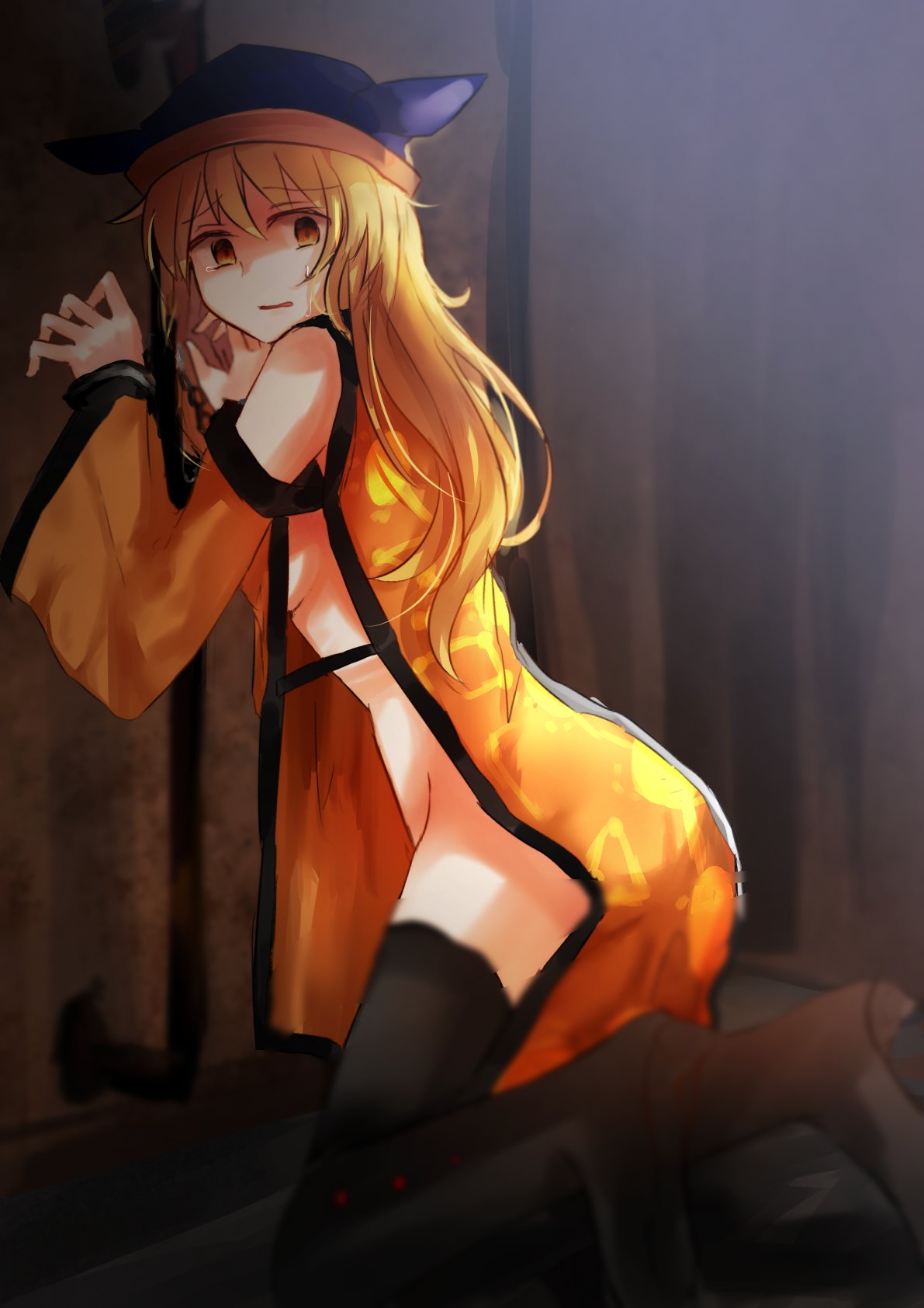 1girl bangs black_footwear blonde_hair blurry boots breasts brown_eyes chains eyebrows_visible_through_hair from_side hat highres kneeling long_hair long_sleeves matara_okina medium_breasts naked_tabard sideboob solo sweat tabard tears thigh-highs thigh_boots touhou