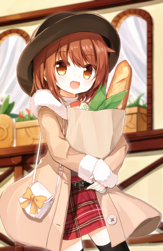 1girl :d bag baguette bangs beige_coat black_belt black_hat bow bowler_hat bread brown_eyes brown_hair coat commentary_request eyebrows_visible_through_hair food fur-trimmed_coat fur-trimmed_sleeves fur_trim grocery_bag hair_between_eyes handbag hat long_hair long_sleeves looking_at_viewer open_clothes open_coat open_mouth original paper_bag plaid plaid_skirt red_skirt shopping_bag shoulder_bag skirt sleeves_past_wrists smile solo yellow_bow yuuhagi_(amaretto-no-natsu)