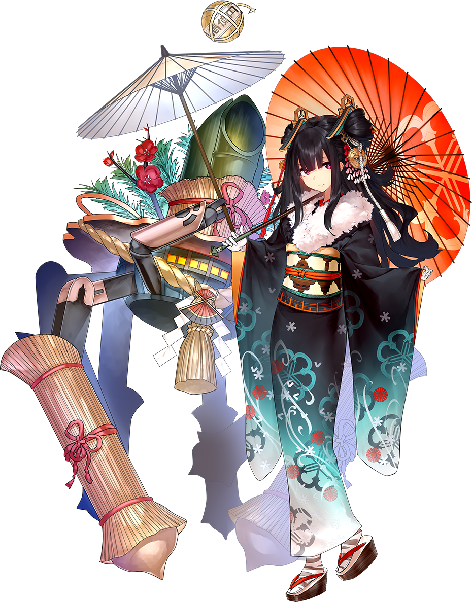 1girl alternate_costume black_hair bomb cannon full_body garuku hair_between_eyes hair_ornament holding holding_umbrella japanese_clothes kimono long_hair looking_at_viewer official_art oriental_umbrella oshiro_project oshiro_project_re rope sandals shigisan_(oshiro_project) shimenawa sidelocks smile solo transparent_background umbrella violet_eyes wide_sleeves