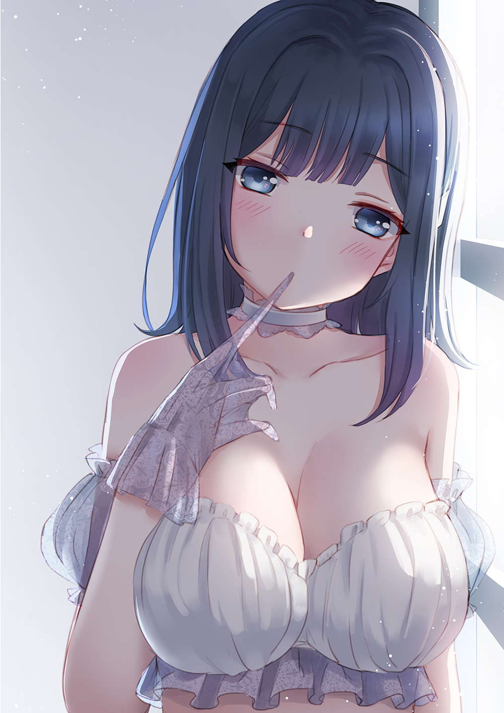 1girl bangs bare_shoulders blue_eyes blue_hair blunt_bangs blush bra breasts cleavage collarbone detached_sleeves emia_wang eyebrows_visible_through_hair frilled_bra frills gloves head_tilt highres kantai_collection large_breasts long_hair neck_garter print_gloves puffy_short_sleeves puffy_sleeves removing_glove see-through short_sleeves solo souryuu_(kantai_collection) strapless strapless_bra underwear underwear_only upper_body white_bra