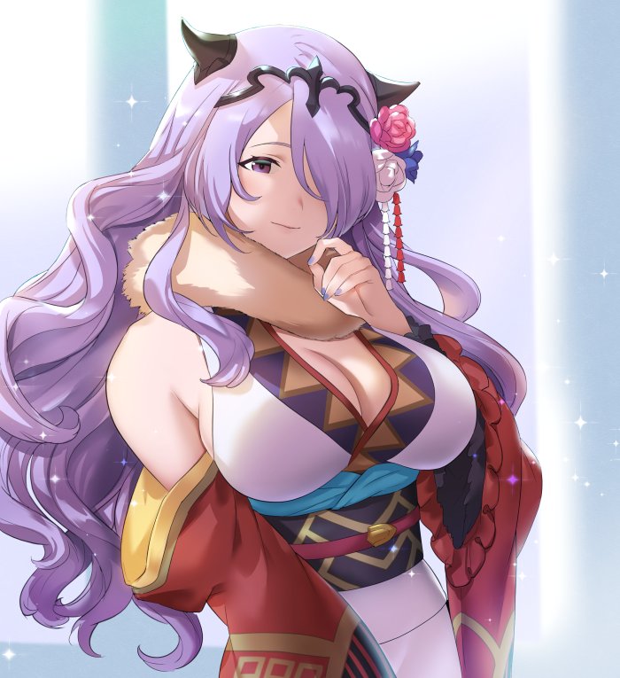 1girl bare_shoulders black_hairband blush breasts camilla_(fire_emblem_if) cleavage closed_mouth detached_sleeves fake_horns fire_emblem fire_emblem_heroes fire_emblem_if flower fur_collar hair_flower hair_ornament hair_over_one_eye hairband hand_up horns japanese_clothes kimono large_breasts long_hair long_sleeves looking_at_viewer mikurou_(nayuta) nail_polish pillar pink_flower pink_rose purple_hair purple_nails rose sideboob smile solo sparkle underbust upper_body very_long_hair violet_eyes wavy_hair white_flower white_kimono white_rose wide_sleeves