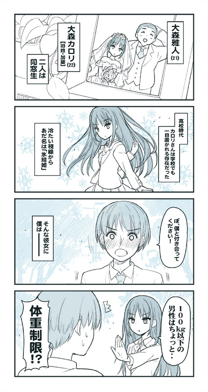 1boy 1girl 4koma big_eyes blush bridal_veil comic commentary eyebrows_visible_through_hair long_hair momiji_mao original outstretched_hand photo short_hair translation_request veil