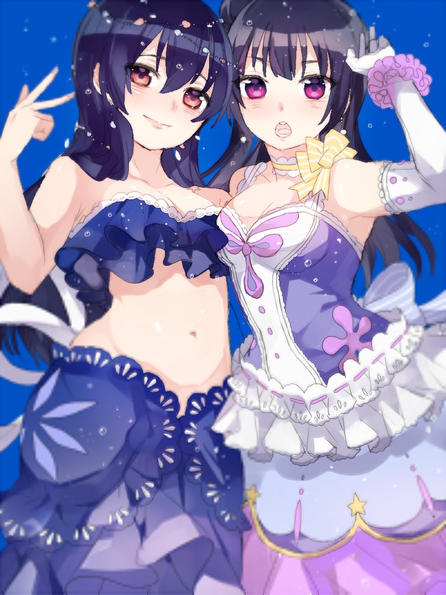 2girls artist_request bangs blue_hair closed_mouth commentary_request elbow_gloves gloves hair_between_eyes hair_bun highres long_hair looking_at_viewer love_live! love_live!_school_idol_project love_live!_sunshine!! mermaid_costume multiple_girls navel open_mouth side_bun sonoda_umi swimsuit tsushima_yoshiko underwater violet_eyes yellow_eyes