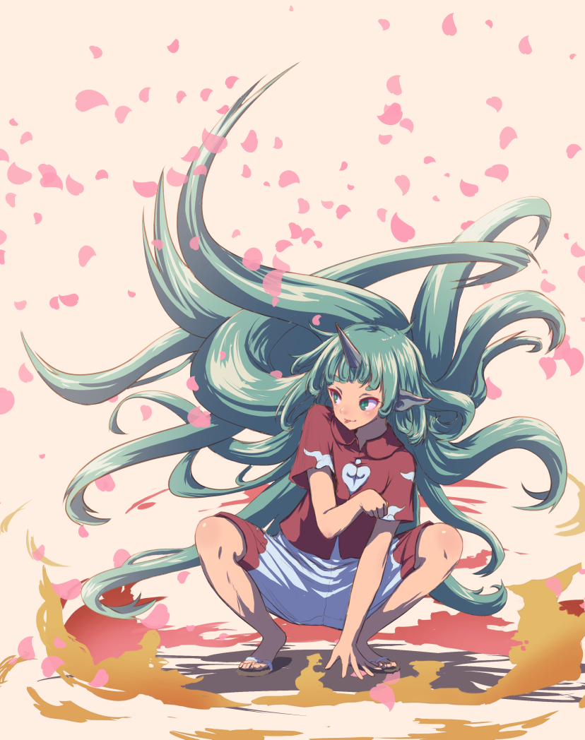 1girl commentary_request green_eyes green_hair horn komano_aun long_hair petals red_shirt roke_(taikodon) shirt short_sleeves shorts simple_background solo squatting tan_background tongue tongue_out touhou very_long_hair