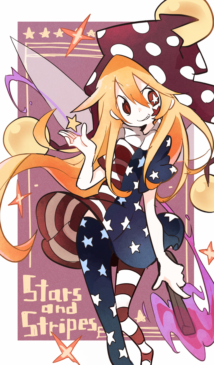 1girl american_flag_dress american_flag_legwear blonde_hair clownpiece fairy_wings fire gun hat highres jester_cap long_hair looking_at_viewer mononomo616 neck_ruff pantyhose red_eyes rifle short_sleeves sniper_rifle solo standing star star_print striped torch touhou very_long_hair weapon wings