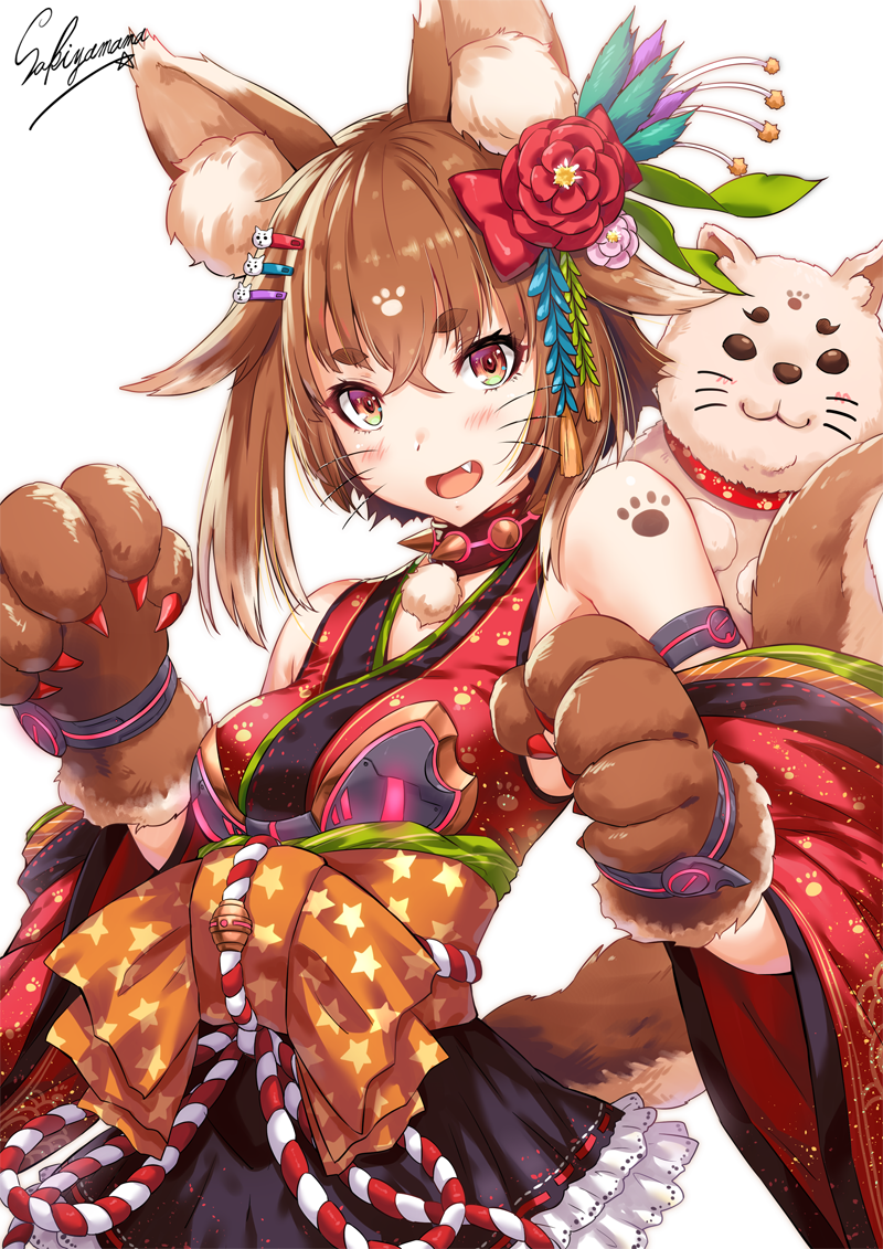 1girl :d animal animal_ears artist_name bangs bare_shoulders black_skirt blush bow breasts brown_gloves claws detached_sleeves dog dog_ears dog_tail eyelashes fang feathers flower frilled_skirt frills gloves hair_between_eyes hair_feathers hair_flaps hair_flower hair_ornament hairclip japanese_clothes kimono long_sleeves looking_at_viewer open_mouth orange_bow original paw_gloves paw_print paws print_kimono red_flower red_kimono sakiyamama short_hair simple_background skirt small_breasts smile solo star star_print tail thick_eyebrows underbust upper_body whiskers white_background wide_sleeves year_of_the_dog